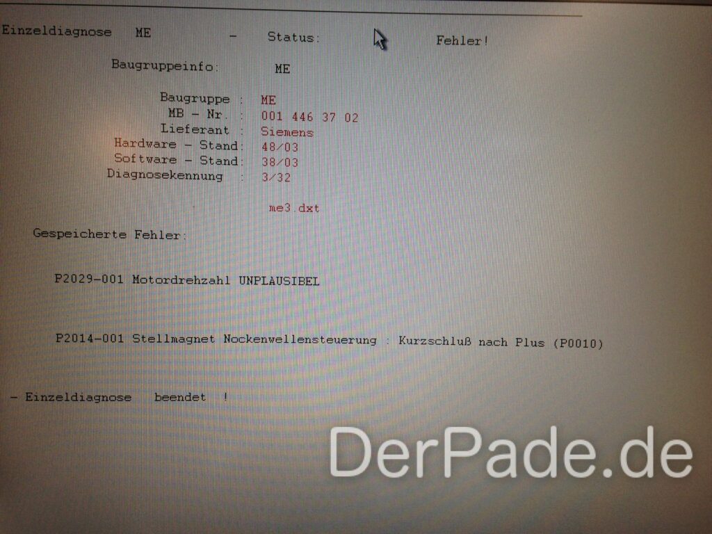 OBD Diagnose mit den Fehlern P2029-001 und P2014-001