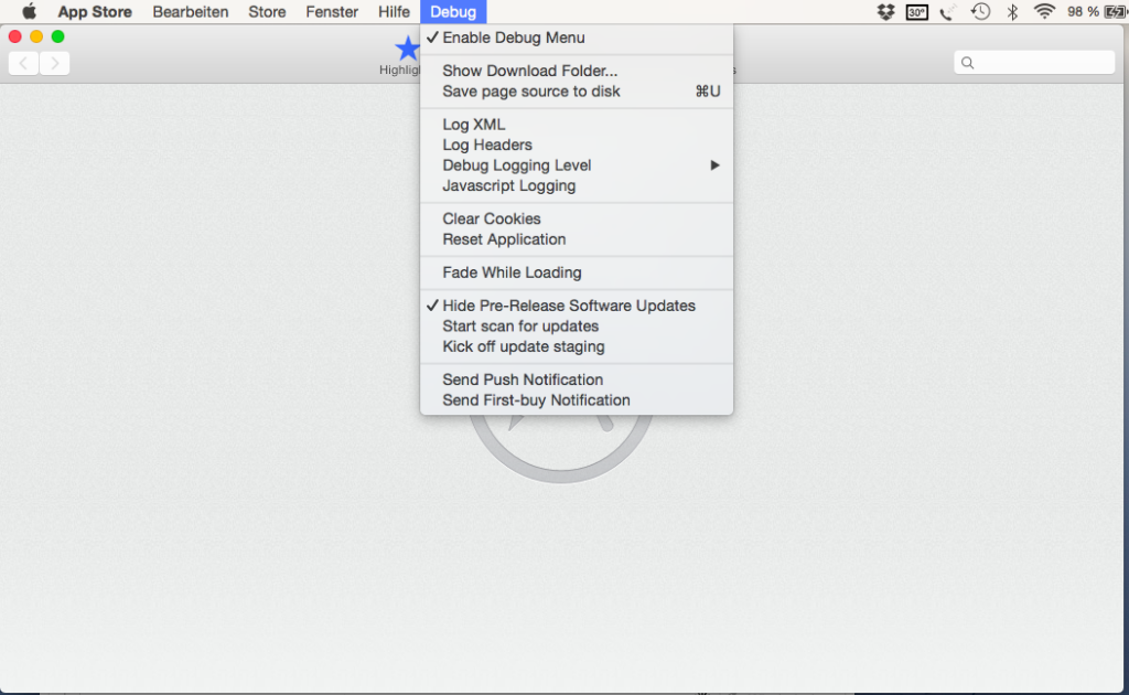 App Store Debug menu