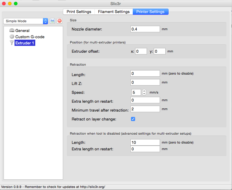 Slic3r 'Extruder settings