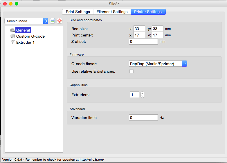 Slic3r Printer settings