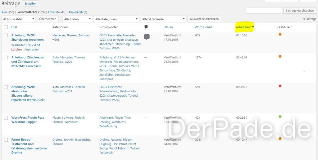Post Worktime Logger - Sortierbare Spalte "Arbeitszeit" ermöglicht das sortieren der Artikel nach Arbeitszeit.