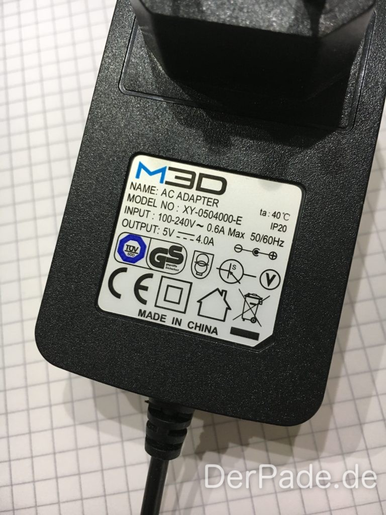 Das M3D Micro Netzteil bietet maximal 20 Watt (5V * 4A = 20 Watt).