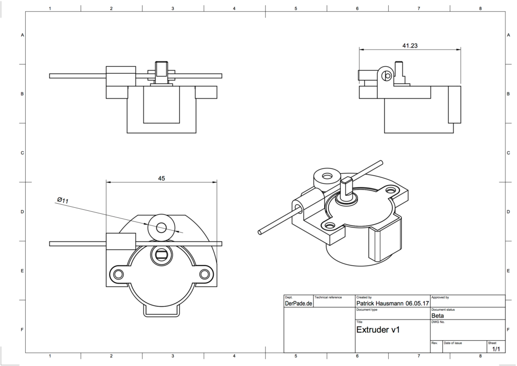 Der Backpack mini Delta 3D Drucker - Extruder Zeichnung V1 Der Backpack mini Delta 3D Drucker - Extruder Zeichnung V1