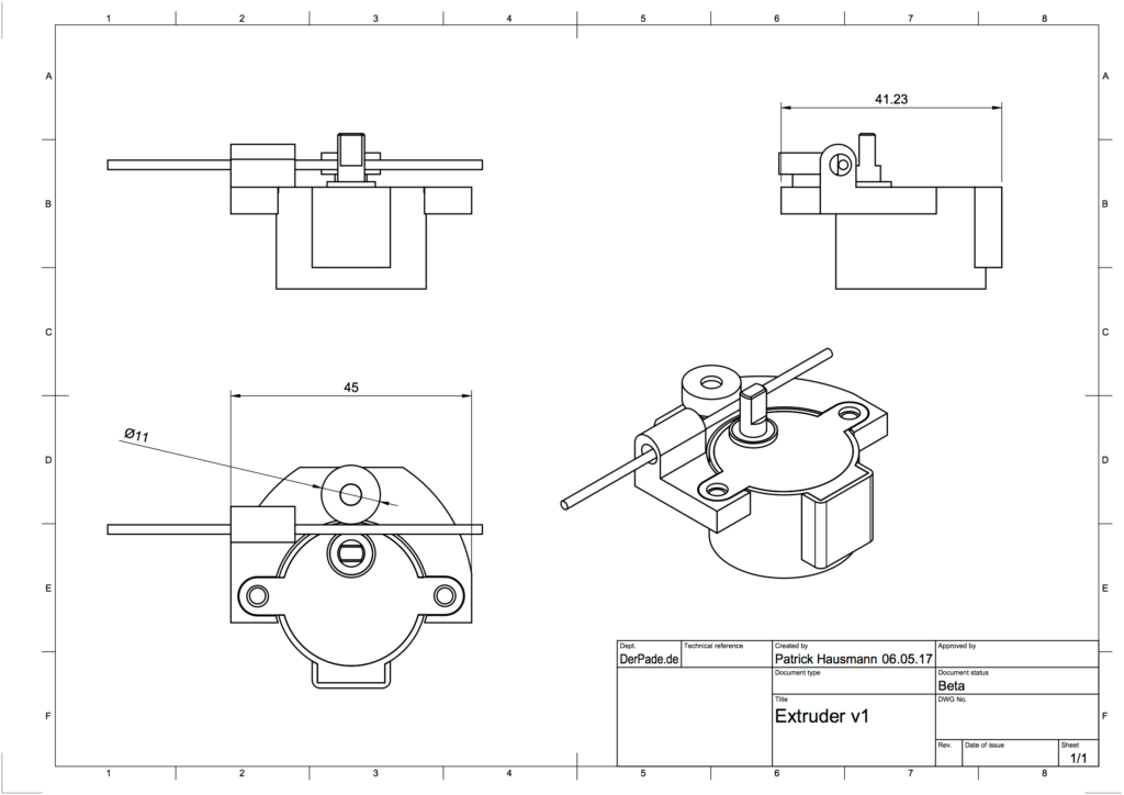 Der Backpack mini Delta 3D Drucker - Extruder Zeichnung V1