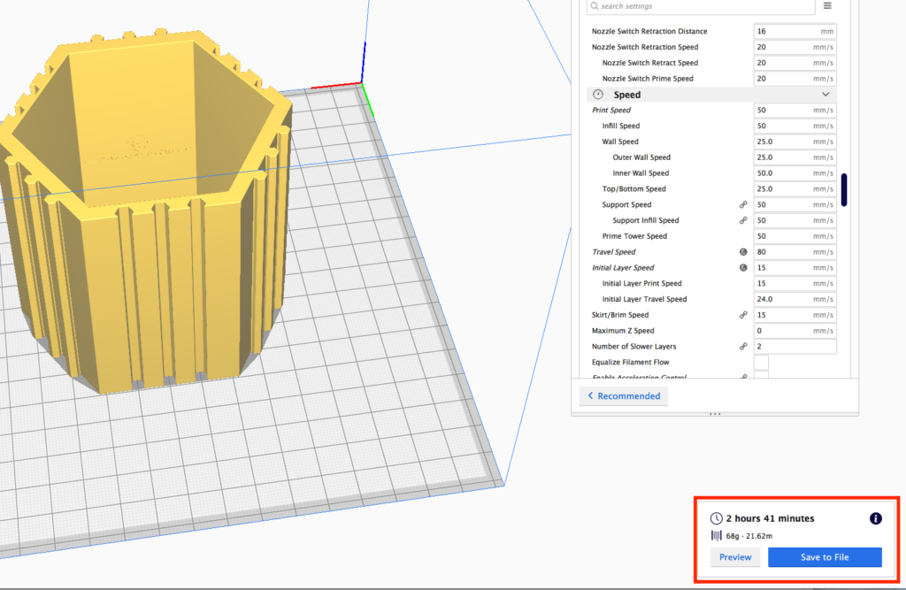 Mit den Default Werten wurde eine Druckzeit in Cura von ca. 2h berechnet, die jedoch nicht mit der Realität übereinstimmt. Mit den Default Werten wurde eine Druckzeit in Cura von ca. 2h berechnet, die jedoch nicht mit der Realität übereinstimmt.
