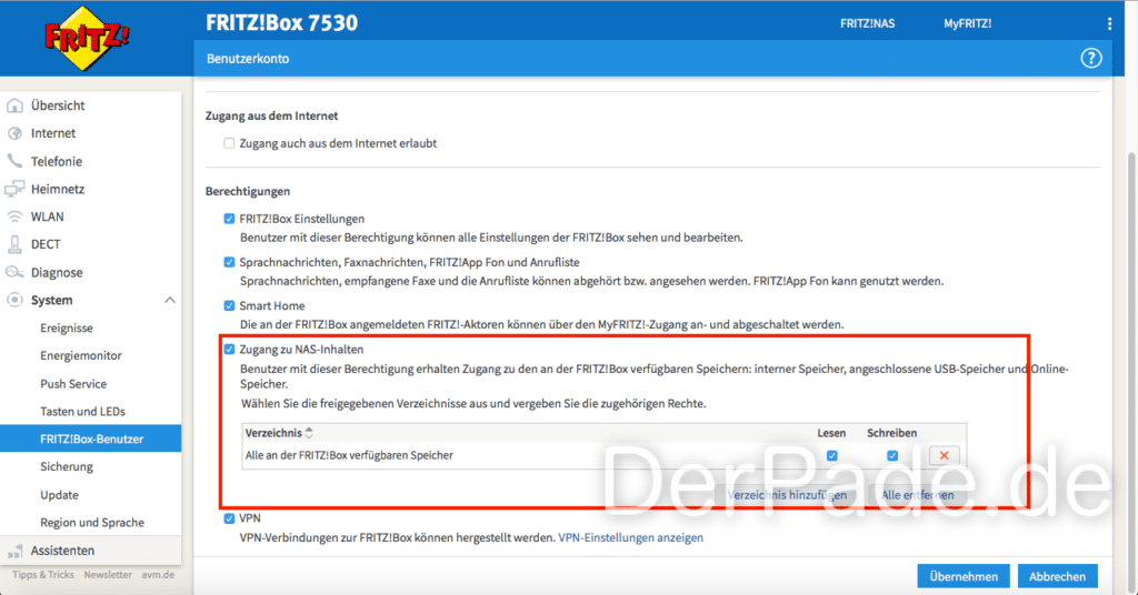 Time Machine Backup auf externer USB Festplatte an einer AVM FRITZ Box 7530 erstellen Benutzer Zugriff auf NAS erlauben