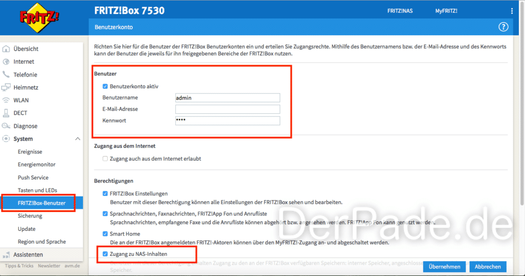 Time Machine Backup auf externer USB Festplatte an einer AVM FRITZ Box 7530 erstellen Benutzer anlegen