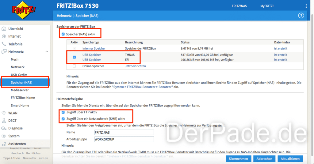 Time Machine Backup auf externer USB Festplatte an einer AVM FRITZ Box 7530 erstellen Speicher als NAS definieren